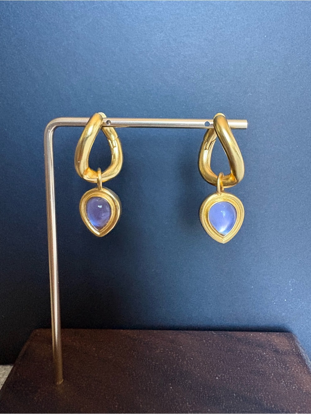 Gold Hoop Earrings with Purple Teardrop Stone